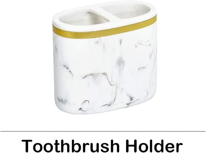5-Piece Bathroom Counter Top Accessory Set - Dispenser for Liquid Soap or Lotion, Soap Dish, 2 Tumblers and Toothbrush Holder, Marble Pattern Resin (Classic White)