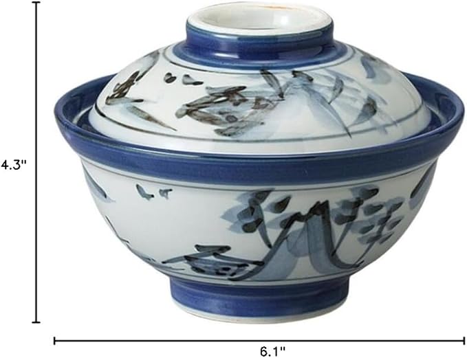 Japanese 6.1 Inches Diameter Porcelain Sansui Donburi Bowl Ramen Noodle Soup Rice Bowl with Lid Grey M51910 Made in Japan