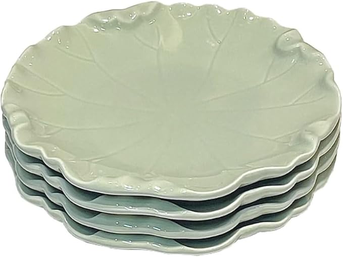 WAIT FLY 4PCS Lotus Leaf Ceramic Dessert Plates 6 Inch Snack Plates Serving Plates for Cake Appetizer Dried Fruit-Green