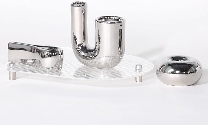 Silver Candlestick Holders, Decorative Taper Candle Holder Set Decor for Table Centerpiece Fireplace, Modern Silver Candle Holders Set, Aesthetic Ceramic Candle Stick Holder