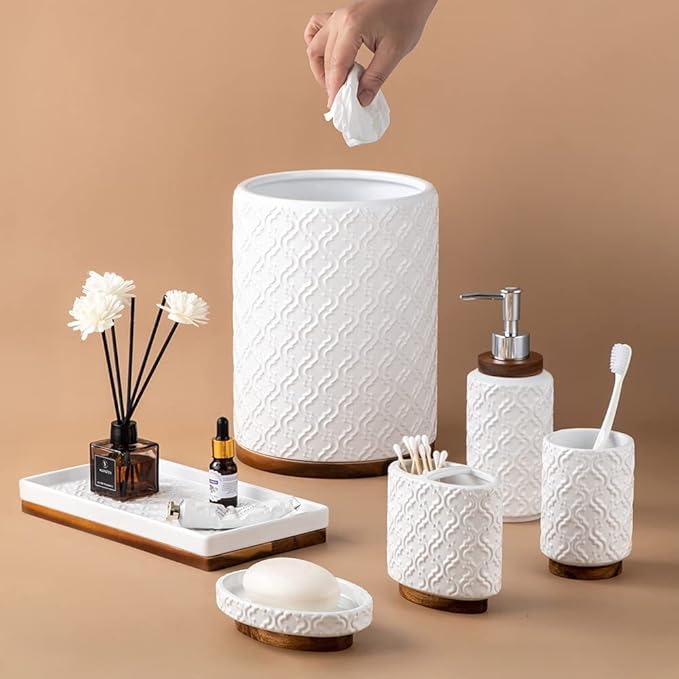 Elegant 6 PCS Ceramic&Wood Bathroom Accessories Set:Soap Dispenser,Toothbrush Holder,Tumbler,Soap Dish,Tray,Trash Can,Easy to Clean,Quatrefoil Pattern,White-Affordable Home Luxury