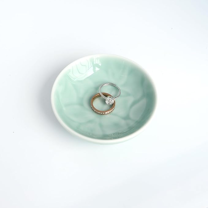 Round Flower Patterns Ring Dish Jewelry Tray Organizer, Ceramic Accent Tray for Vanity, Small Decorative Trinket Dish, Light Blue