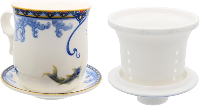 Porcelain Tea Cup with Infuser Lid and Saucer Sets - Chinese Jingdezhen Ceramics Coffee Mug Teacup Loose Leaf Tea Brewing System for Home Office