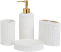Bathroom Accessories Set 4 Pcs - Ceramic Soap Dispenser, Toothbrush Holder, Tumbler & Soap Dish with Coin Pattern Design, White Bathroom Decor Set for Counter Organization