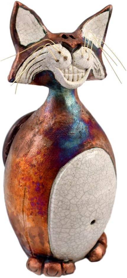 Modern Artisans American Made Whimsical Smiling Cat Raku Pottery Tabletop Sculpture, 10"