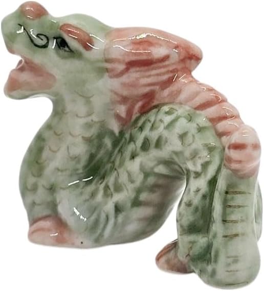WitnyStore 1½" Green Red Chinese Asian Dragon Ceramic Figurine for Terrarium Decoration Collectible Statue for Adult Collectors Handcrafted Porcelain Ornament Sculpture Home Room Tabletop Decor