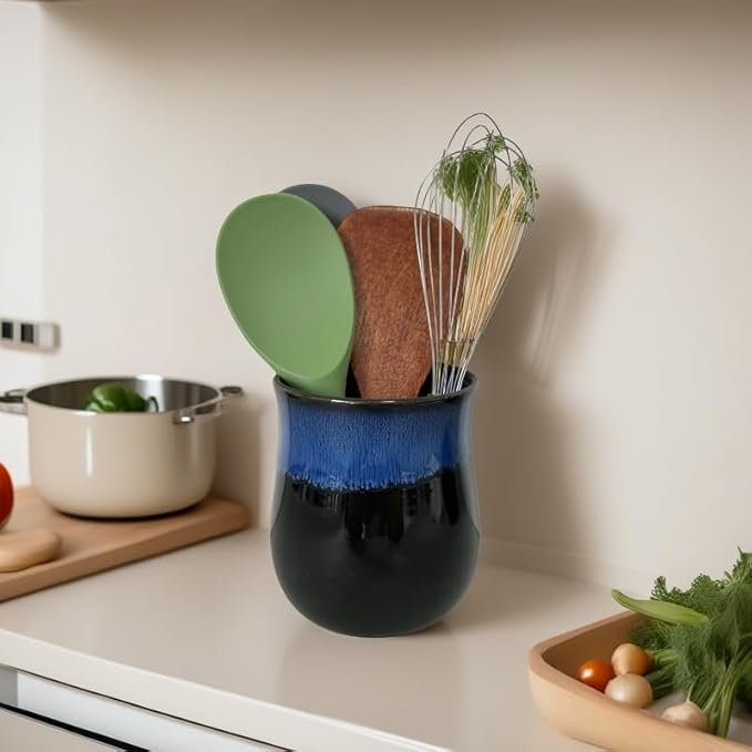 Short Kitchen Utensil Holder for Kitchen Counter, Ceramic Small Utensil Crock & Vase & Holder for Cutlery Spatula Brush Silverware Cooking Utensil Holder (Retro Sapphire)