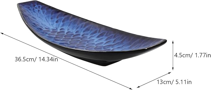 Cabilock Japanese Fish Plate 14.37 Inch Ceramic Sashimi Serving Platter Long Boat Shape Cold Dish Dessert Tray for Home Kitchen and Restaurant Use