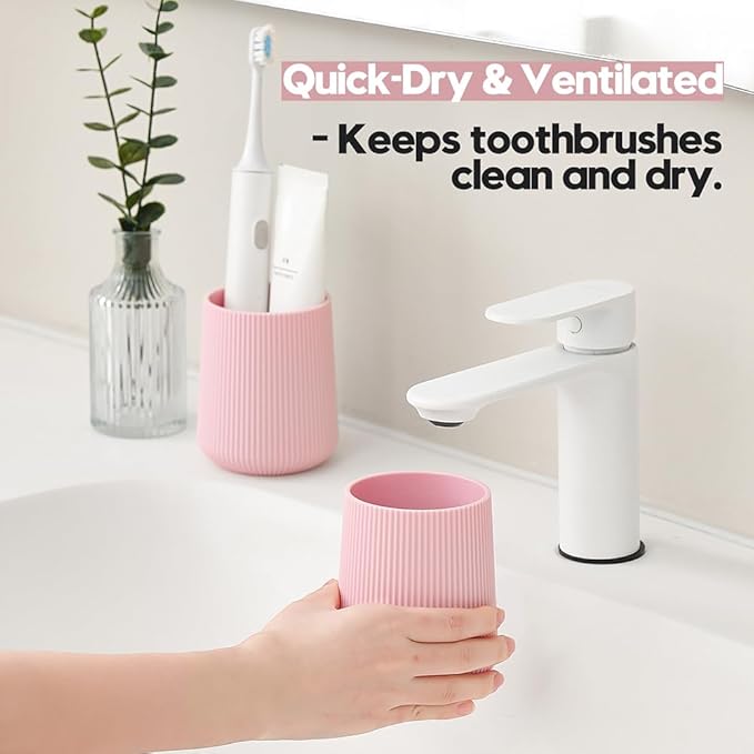 Pink Striped Toothbrush Holder for Electric Toothbrushes Bathroom Organizer Cup for Toothpaste Kids & Adults