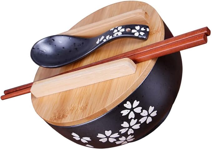 1 Set Japanese Style Ceramic Noodle Bowl with Cover and Spoon Soup Bowl for Ramen Soba Salad and Udon Easy to Clean Heat Preserving Design