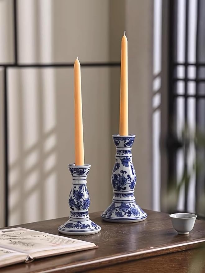 Blue and White Porcelain Ceramic House Candle Holder Chinese Traditonal Style Simple Home Candlestick Decoration Incense Stick (m)