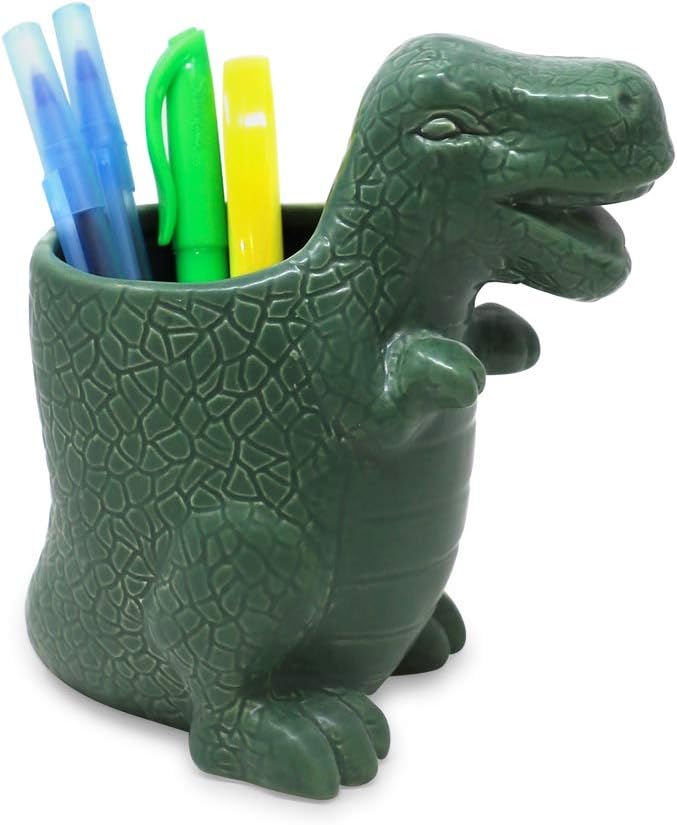 Isaac Jacobs Green Ceramic Dinosaur Cup, Toothbrush Holder, Multi-Purpose Organizer, – Great for Toiletries, Bathroom, Kitchen, Crafts, Desk, Novelty Bathroom Accessory (Single Cup, Green)
