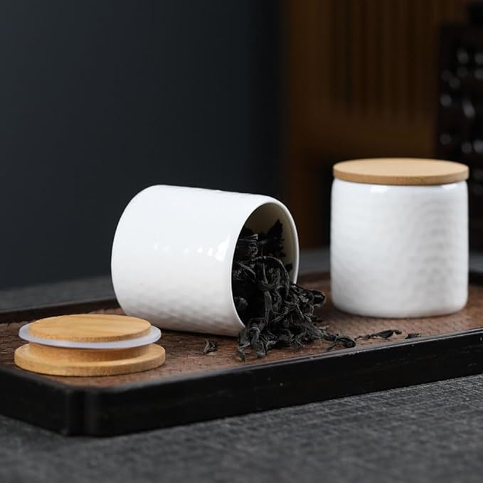 luzen 2Pcs Empty Small Ceramic Kitchen Food Tea Storage Canister Travel Portable Coffee Sugar Loose Tea Sealed Jar Pot Containers with Bamboo Lid for Storage Spices Powder Loose Tea Coffee, White