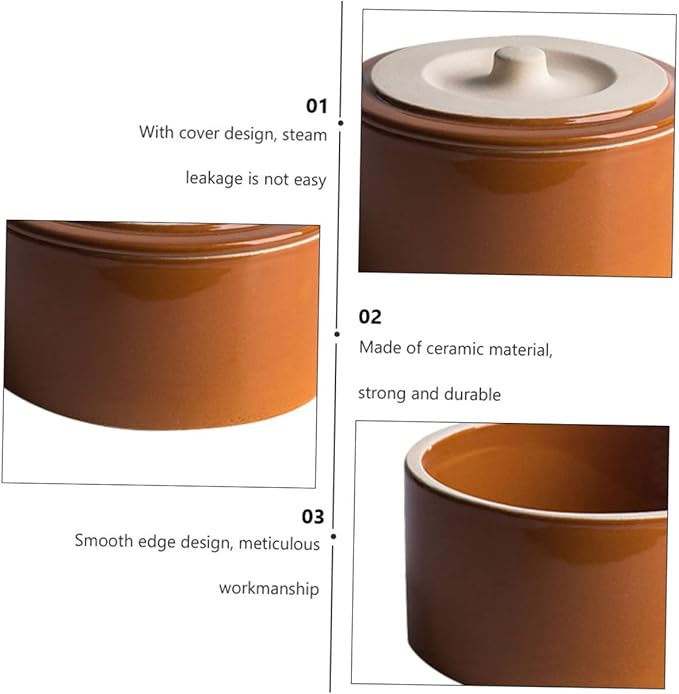 Ceramic Steaming Bowl Lid Vintage Pottery Rice Stew Bowl Home Kitchen Tableware Suitable for Steaming Eggs and Rice 1.5L Capacity