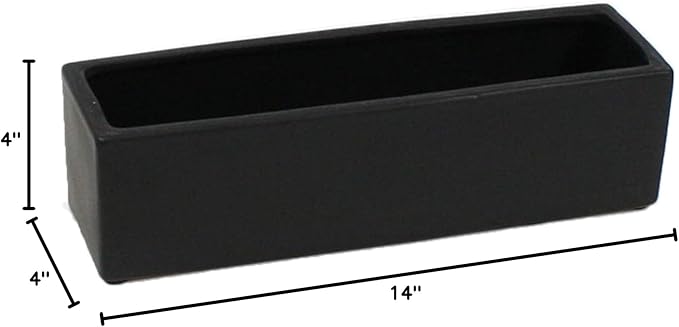 WGVI Long Rectangle Ceramic Planter Vase in Black 14" x 4" x 4"H, Rectangular Box Block Terrarium Pot, Flower Arrangement, Tabletop Centerpiece, Home Decor Organization Storage Container, 1 Pc.