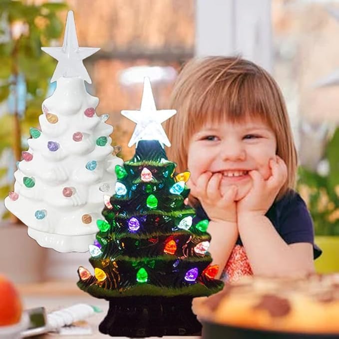 Small Resin Christmas Tree Decor, Tabletop Christmas Tree Star Topper, Holiday Decoration with 40 Multi-Color Lights, Xmas Fall Decorations for Home (Cream White)