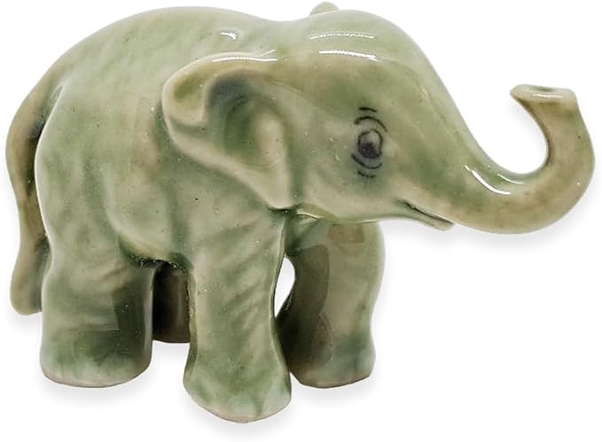 ChangThai Design Tiny 1" Light Gray Baby Elephant Stand Lift Trunk Figurine - Miniature Hand Made Painted Ceramic Asian Elephants Cute Wild Animals Porcelain Decorative Collectible Figures Décor Gifts