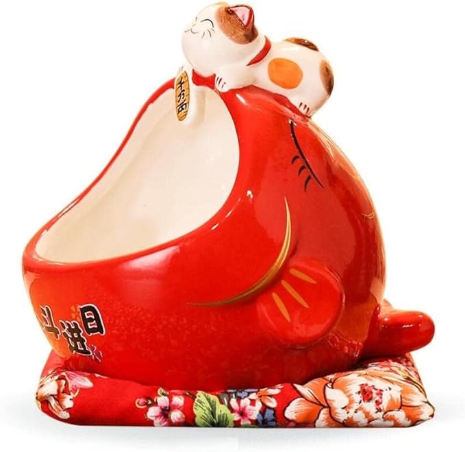 EatingBiting 6.5" Japanese Ceramics Maneki Neko Cat Fish Big Mouth Ornament Collectible Figurine Big Mouth Fish carp Storage Box Decoration Ornamental Art Sculpture Home Decor Decorative Beckoning