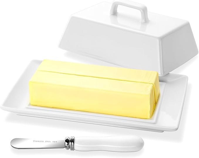 Yedio Large Butter Dish with Lid for Countertop, Porcelain Butter Keeper with Cover and Knife, Butter Holder Tray for 2 Sticks East Coast/West Coast/European Style Butter