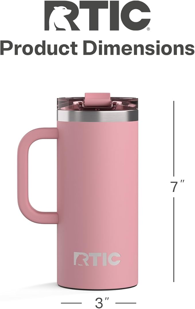 RTIC 16oz Road Trip Travel Mug with Lid and Handle, Ceramic Lined, Insulated, Stainless Steel, Metal, Double Wall Vacuum-Insulation, Portable Coffee, Tea Cup for Hot and Cold Drink, Dusty Rose
