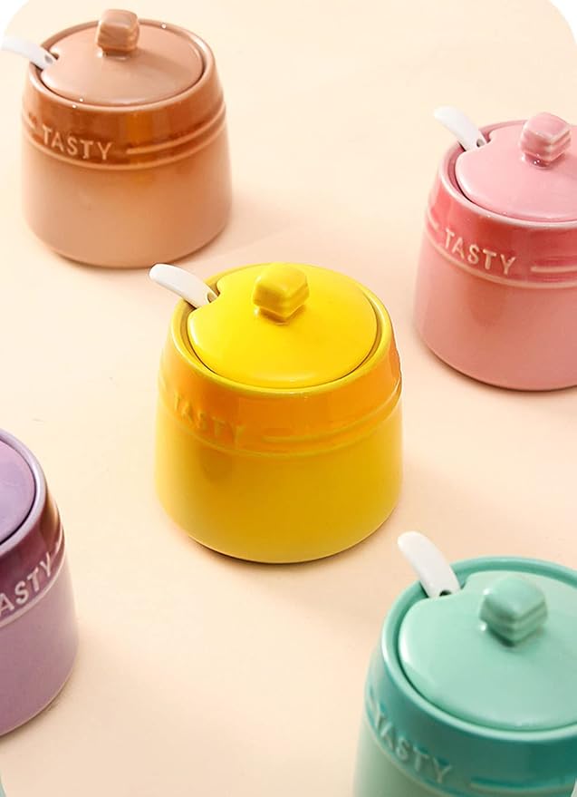 Colourful Ceramic Spice Jar Seasoning Box Condiment Pot Sugar Bowl with Lid Spoon-Yellow