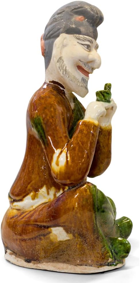 ChinaFurnitureOnline Tang Tri-Color Glazed Ceramics Sculpture of Man Holding Bird
