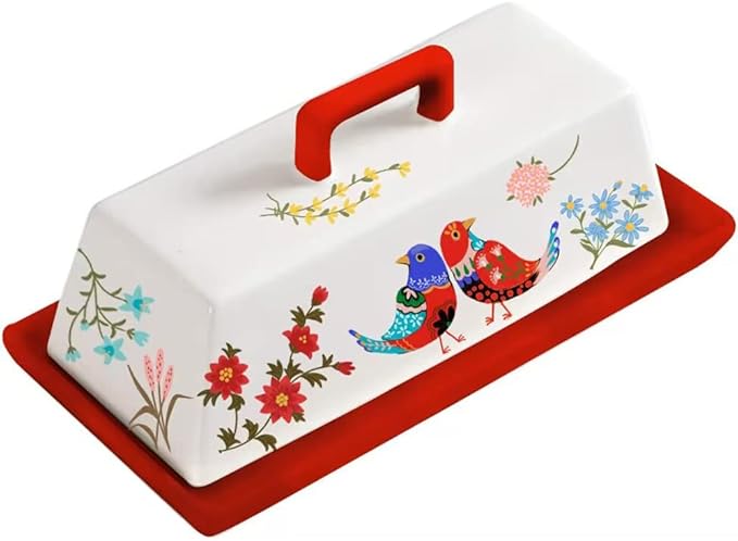 Sizikato Porcelain Butter Dish with Lid, Red Flower and Bird Pattern-7.5 Inch