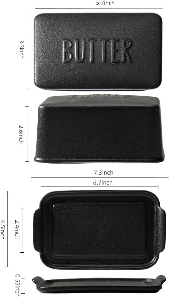 Porcelain Covered Butter Dish with Lid for Countertop Butter Holder Container for One Stick of Butter. Textured Tray Butter Keeper for Non Slip Storage-BLACK BIG