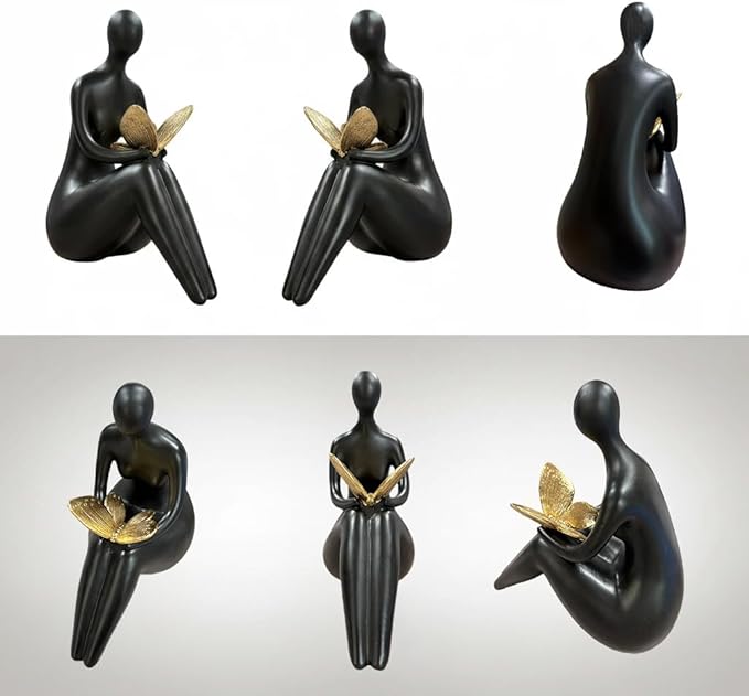 Black Abstract Sitting Figurine with Gold Butterfly – Modern Resin Sculpture for Shelf, Desk, Living Room & Office Decor, Minimalist Shelf Sitter Statue for Home Decoration