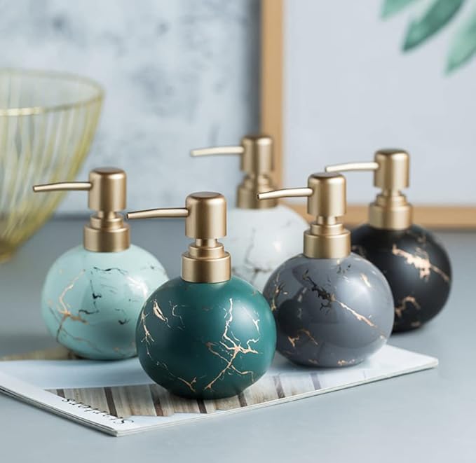 Gold Soap Dispenser for Bathroom or Kitchen, Cute Marble Round Ceramic Lotion Bottle, Rust-Free Pump(Dark Green)