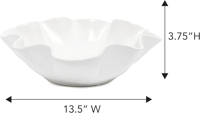 White Ceramic Wavy Edge Decorative Bowl - Modern Organic Sculptural Centerpiece for Coffee Table, Irregular Ripple Rim Display Bowl, Minimalist Home Decor Accent for Living Room Entryway 3.5H X 12D