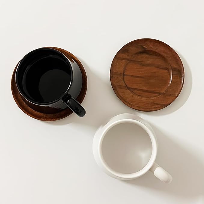 Black Cappuccino Mug and Wood Saucer - 7 oz Ceramic Coffee Cup with Saucer | Microwave Dishwasher Safe | For Tea, Espresso, Latte | Porcelain Cup Set for Kitchen Cafe | Great Gift