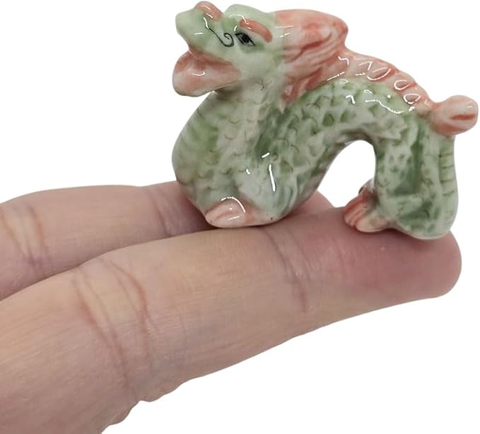 WitnyStore 1½" Green Red Chinese Asian Dragon Ceramic Figurine for Terrarium Decoration Collectible Statue for Adult Collectors Handcrafted Porcelain Ornament Sculpture Home Room Tabletop Decor