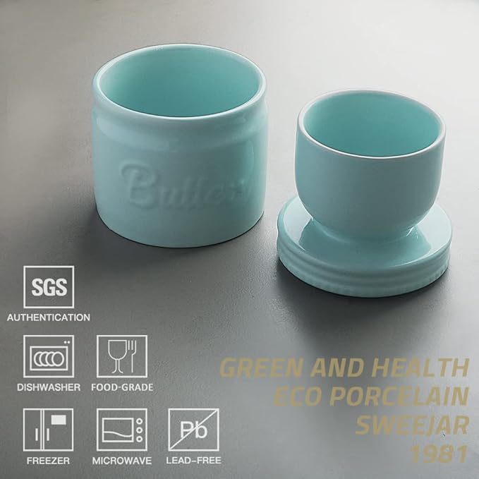 Sweejar Porcelain Butter Keeper Crock, French Butter Dish with Water Line, Ceramic Butter Container for soft butter (Turquoise)