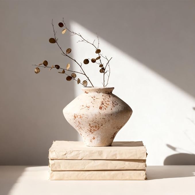 Whitewashed Terracotta Ceramic Vase 6.7", Small Rustic Farmhouse Pottery Vase with Wide Mouth, Watertight Flower Vase for Fresh Flowers & Pampas Grass, Table Centerpiece Shelf Decor