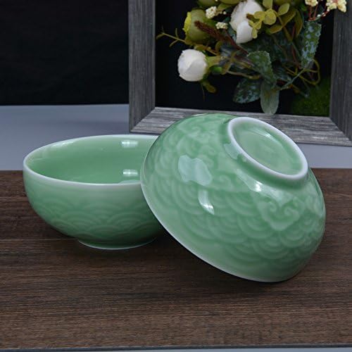 Chinese Rice Bowls 10-Ounce Celadon Glazed 4.5Inch Cereal Bowl with Emblazonry(Set of 4) (Green01)