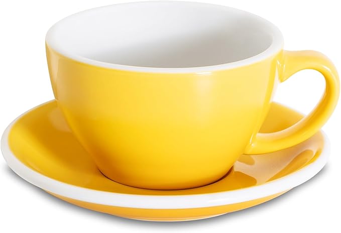 Loveramics Latte Art Mug with Saucer, 10 oz Ceramic Coffee cups with Round Bottom for Latte, Cappuccino, Tea, Espresso, Thick-walled Stoneware Cup Set for Barista - Regular Colours (Yellow, 10OZ)