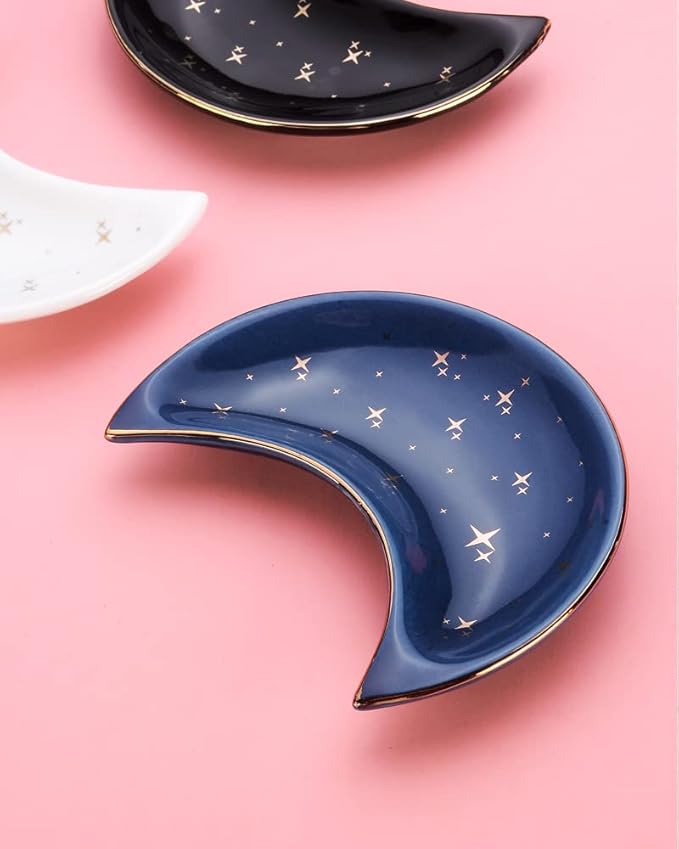 Moon Shape Jewelry Tray, Engagement Ring Tray, Blue Ring Dish for Women in Vanity Bathroom. Decorative Trinket Tray for Organizing Necklace Earrings, Ceramic.