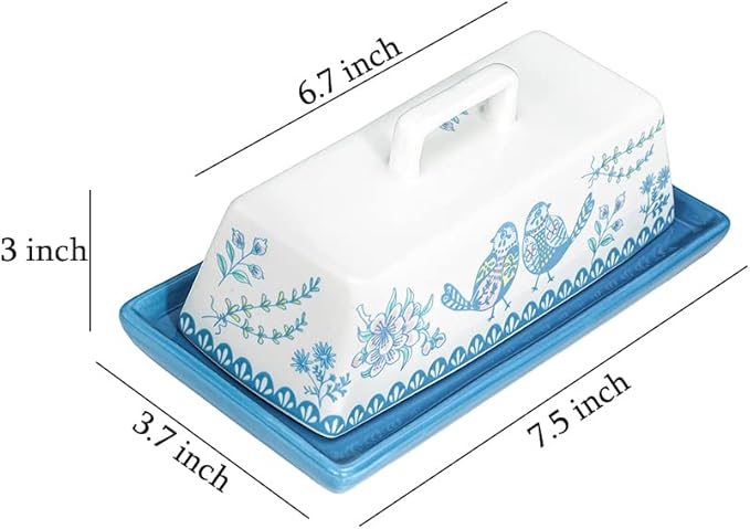 Sizikato Porcelain Butter Dish with Lid, Blue Flower and Bird Pattern-7.5 Inch