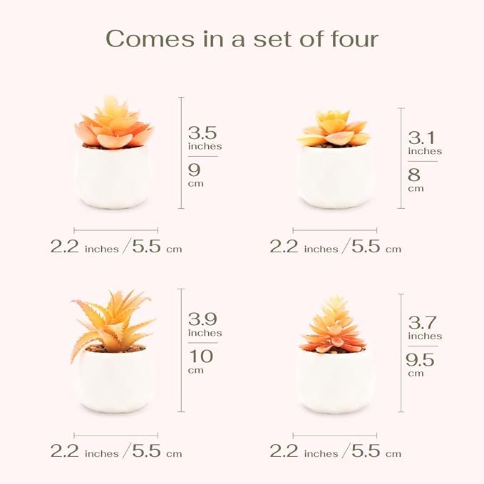 VIVERIE Mini Orange Artificial Succulent in Pots (White Ceramic, 4 Pot Set) Fake Plants for Indoors, Office Home Halloween/Christmas Decor Gifts-Faux Plant Gifts for Women