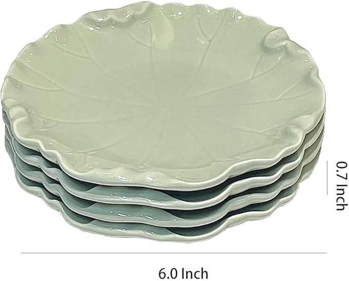 WAIT FLY 4PCS Lotus Leaf Ceramic Dessert Plates 6 Inch Snack Plates Serving Plates for Cake Appetizer Dried Fruit-Green