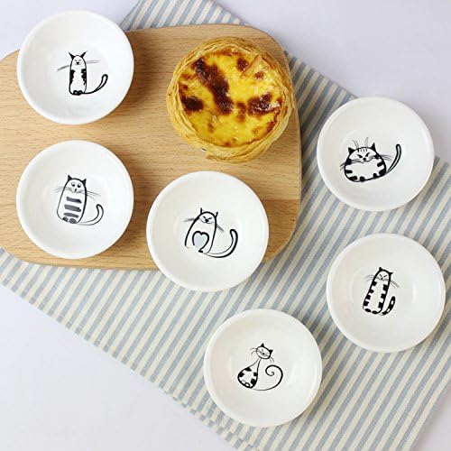 SOCOSY Super Cute Cat Ceramic Sauce Dish/Seasoning Bowl/Sushi Soy Dipping Bowl/Appetizer Plates/Serving Dish for Kitchen Home (Set of 6)