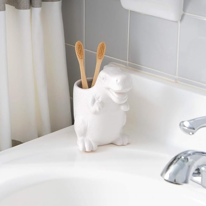 Isaac Jacobs White Ceramic Dinosaur Cup, Toothbrush Holder, Multi-Purpose Organizer, – Great for Toiletries, Bathroom, Kitchen, Crafts, Desk, Novelty Bathroom Accessory (Single Cup, White)