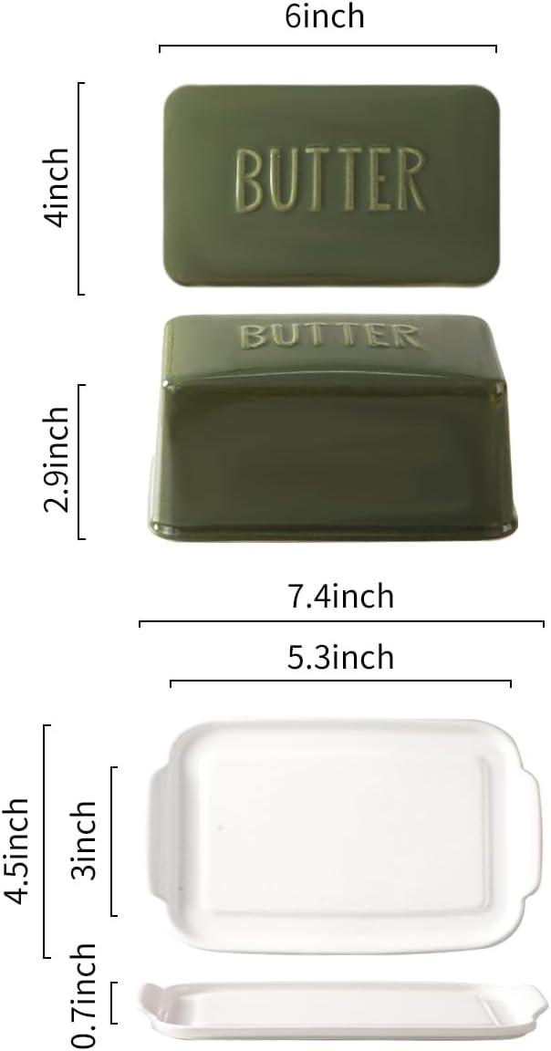 Porcelain Covered Butter Dish with Lid for Countertop Butter Holder Container for One Stick of Butter. Textured Tray Butter Keeper for Non Slip Storage-GREEN BIG