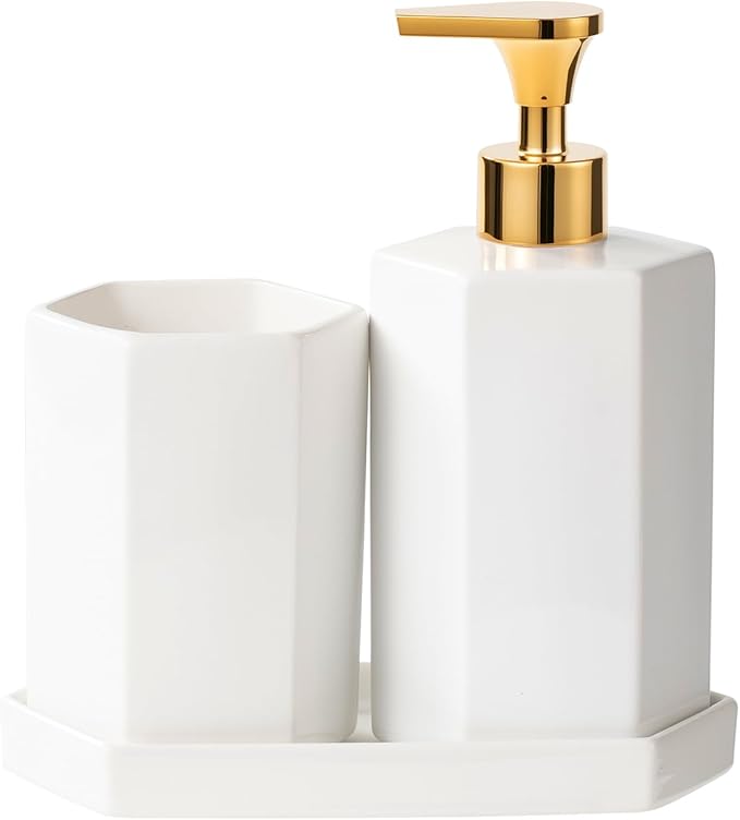 Ceramic Bathroom Accessories Complete with Soap Dispenser, Toothbrush Holder, Bathroom Tumbler, and Vanity Tray - Modern Bathroom Decor,3PCS (Gold)