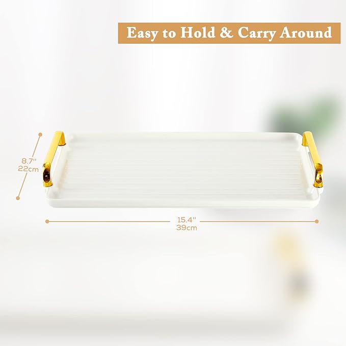 DUJUST Porcelain Serving Tray with Golden Handles, Modern Nordic Style Coffee Table Tray, Beautiful Tea Tray Decor for Living Room, Easy to Use & Clean