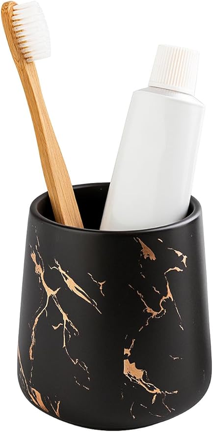 Black Marble Ceramic Toothbrush Holder Cup – 14.2oz Bathroom Tumbler for Toothbrushes or Makeup Brushes, Matte Black with Gold Veins