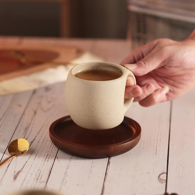 1pcs-Ceramic Coffee Cup Sets (250ML, 7*9.8*7.5cm), Japanese Style Hot Tea Cup, Coarse Earthenware Latte Cup, Includes Cup Saucer and Spoon, Suitable for Home, Restaurant, Tea Party, etc.