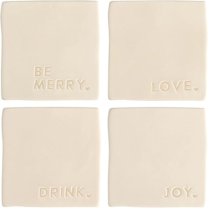 Santa Barbara Design Studio Ceramic Christmas Coasters - Holiday Table Décor, Set of 4, Joy Love Drink Be Merry