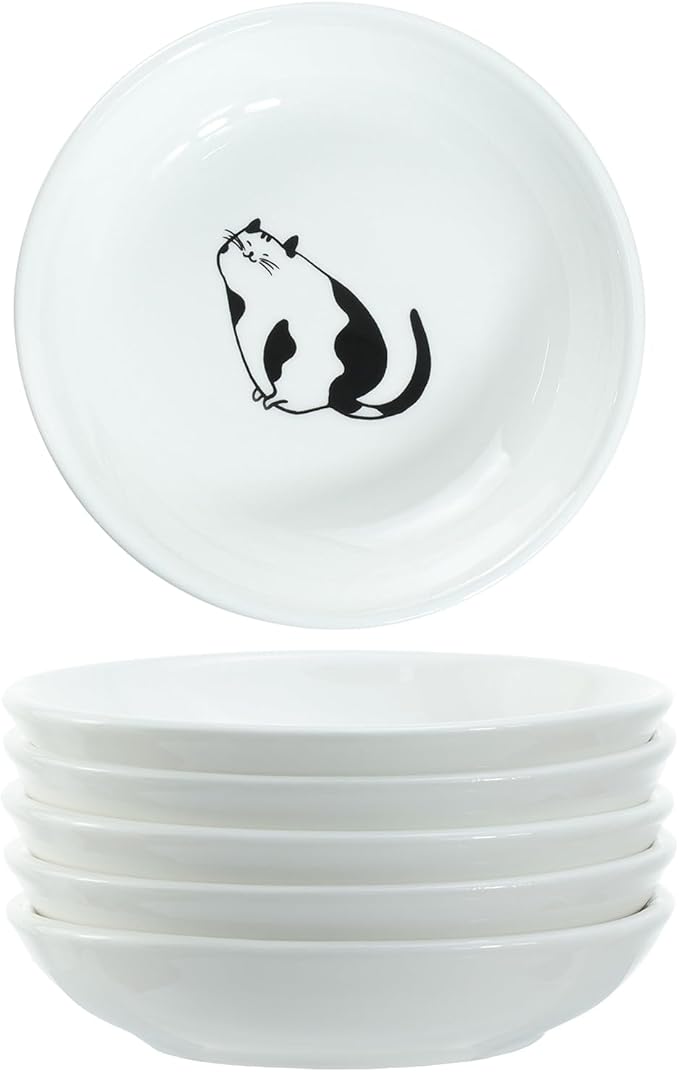 SOCOSY Super Cute Gentleman Cat Ceramic Sauce Dish/Seasoning Dish/Sushi Soy Dipping Bowl/Appetizer Plates/Serving Dish for Kitchen Home(Set of 6)